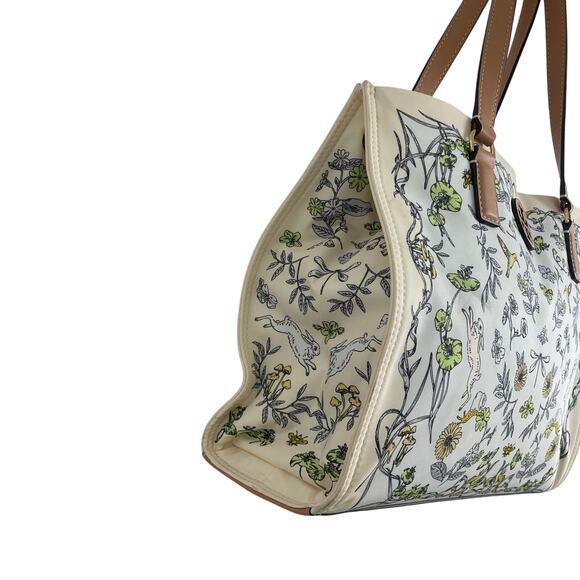 Tory Burch Nylon Ella Tote Bag Meadow Print Floral Rabbit Bird Nature Scene ASIS - Picture 5 of 9